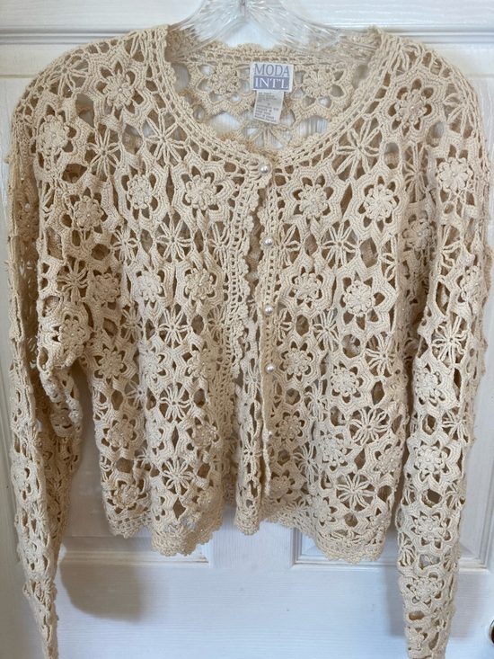 Moda International Sweaters - Moda International Cream Crochet Floral Cardigan with Pearl Buttons